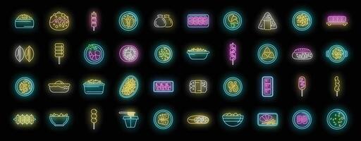 Korean cuisine icons set neon vector