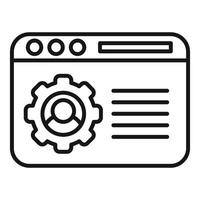 A simple line icon representing web development, featuring a gear and browser window vector