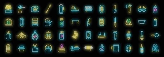 Equipment for hike icons set neon vector