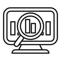 Line art icon of a computer monitor with charts and a magnifying glass, symbolizing data analysis vector