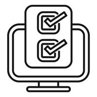 Line art icon of a computer monitor displaying checkmarks, symbolizing online survey or form completion vector