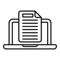 Black and white line icon of documents on a laptop screen, symbolizing online documentation vector