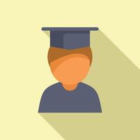 plano diseño icono de un persona vistiendo un graduación gorra, con largo sombra vector