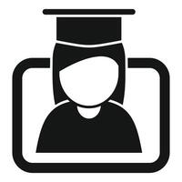 Black and white icon of a female student with a graduation cap in a silhouette style vector