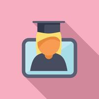 Modern, flat design icon of a person wearing a graduation cap, on a pink background vector