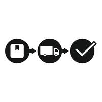 Set of three black icons representing stages of a delivery process vector