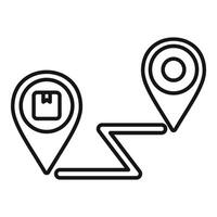 Black and white line art icon depicting a package delivery route with two location pins vector