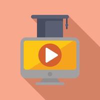 Flat design icon of a computer with a graduation cap and play button on screen vector