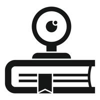 Black and white icon of a webcam mounted on an open book, symbolizing online education vector