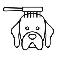 Black and white line art icon depicting a dog with a grooming brush on its head vector