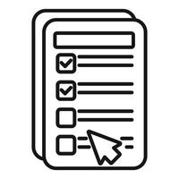 Black line icon depicting a checklist with check marks and cursor on white background vector