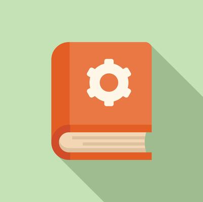 Flat design icon of a book with a gear on the cover representing technical or engineering education