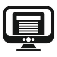 Black and white icon representing a retro computer monitor with screen text lines vector