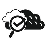 Black and white icon featuring a magnifying glass and check mark over a cloud, symbolizing data validation vector