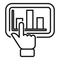 Line art icon depicting a hand selecting bar graph data on a digital screen vector