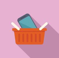 Flat design icon of a smartphone in a shopping basket, symbolizing ecommerce vector