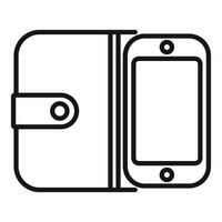 Simple black and white icon illustrating a wallet next to a mobile phone vector