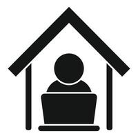 Simple black and white icon representing a person working on a laptop under a house structure vector