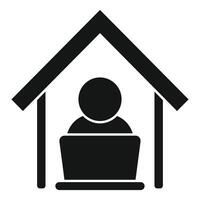 Simple black and white icon representing a person working on a laptop under a house structure vector