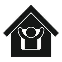 Black and white icon depicting a person with raised arms inside a house, symbolizing comfort and safety at home vector