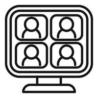 Black and white illustration of a digital screen with four user icons, depicting an online meeting vector