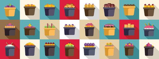 Stir fried ice cream flat icons. A row of colorful potted plants with various types of food in them vector