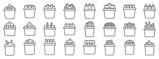 Stir fried ice cream outline icons. A series of white boxes with various items inside vector