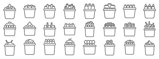 Stir fried ice cream outline icons. A series of white boxes with various items inside vector