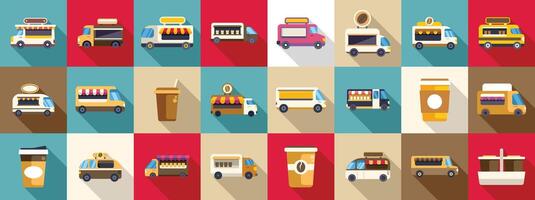 Coffee truck cafe flat icons. A collection of food trucks and coffee trucks are shown in a grid vector