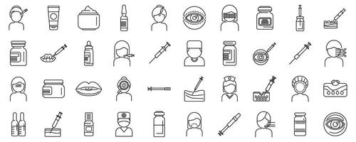 Botox outline icons. A collection of medical icons including a syringe, a bottle vector