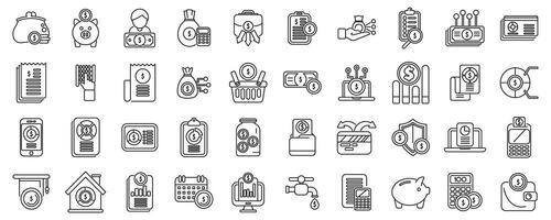 Family budget outline icons. A collection of money related icons including a piggy bank, a wallet vector