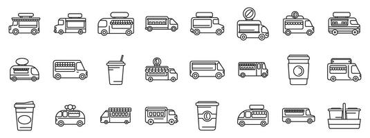 Coffee truck cafe outline icons. A collection of food trucks and vehicles vector