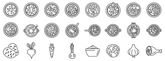 borsch contorno iconos un colección de comida artículos en varios formas y tamaños vector