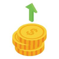 Isometric icon of stacked coins with upward arrow symbolizing growth vector