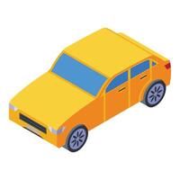 Bright yellow isometric taxi icon with blue windows, suitable for transportation themes vector