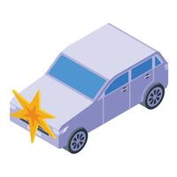 Vibrant isometric illustration of a car with a visible damage symbol, depicting a vehicle collision vector