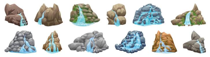 Cascade cartoon icons. A series of rock formations with water flowing through them vector