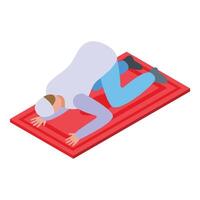 An isometric illustration of a person practicing yoga on a red mat vector