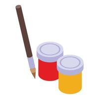 Isometric art supplies with paintbrush and paint pots vector