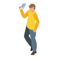 Isometric view of an illustrated man in casual attire examining a paper document vector