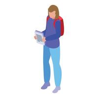 Isometric student with backpack reading notes vector
