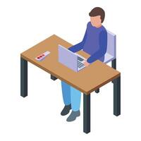 Isometric view of man working on laptop at desk vector