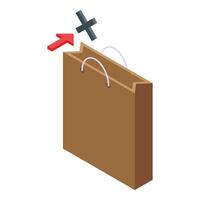 Isometric brown shopping bag with negative growth arrow vector