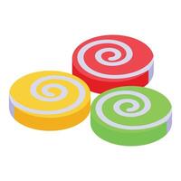 Isometric illustration of red, yellow, and green spiral candies vector