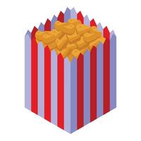 Vibrant isometric illustration of a full popcorn box with red and white stripes vector