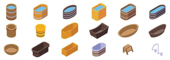 Wooden baths . A collection of bath tubs and buckets in various shapes and sizes vector