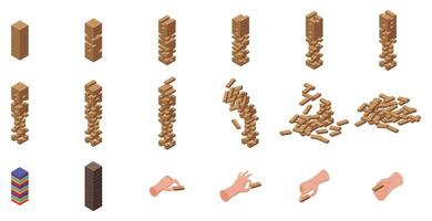 Wood stack balances game . A stack of wooden blocks with a hand reaching up to the top vector