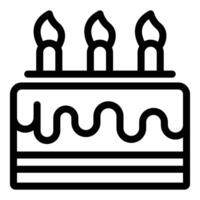 Simplified black line icon of a birthday cake with three lit candles vector