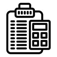 Black and white line icon of a clipboard and calculator for budgeting and finance vector