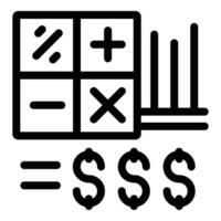 Black linear icon of calculator, charts, and currency symbols vector